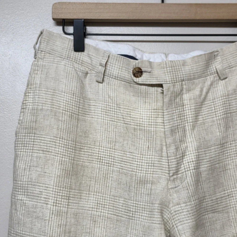 Suitsupply T.B.M. Mens Pure Linen Plaid Dress Pants Beige Tan Flat Front Trouser